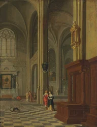 Tyska: Inneres einer Kirche En gotisk kyrkointeriör med eleganta figurer