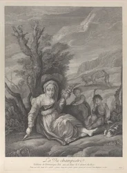 En lantkvinna som sitter i landskapet med två pojkar vid sin sida, 1729-40.