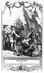 Frontispice för Histoire de lAmerique septentrionale av Bacqueville de La Potherie (1663-1736), publicerad 1753 (bw foto)