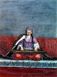 Turkisk flicka som spelar citern, graverad av Gerard Jean Baptiste Scotin (1671-1716) (gravyr)