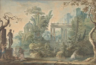 Arkadiskt landskap med flera figurer och en staty av Apollo, 1700-talet.