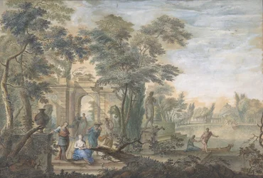 Arkadiskt landskap med flera figurer och en staty av Diana, 1700-tal.