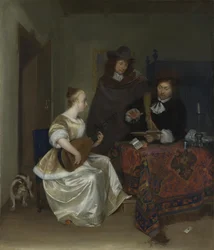 En kvinna som spelar en Theorbo till två män, ca 1668