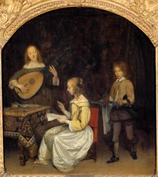 The Concert: sångare och spelare av Luth Theorbe. Målning av Gerard Ter Borch (1617-1681), holländsk skola
