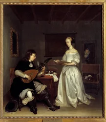 Duon; sångare och lutspelare theorbo. Målning av Gerard Ter Borch (1617-1681), holländsk