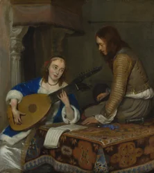 En kvinna som spelar teorboluta och en kavaljer, ca. 1658.
