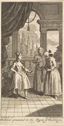 Gulliver presenteras för drottningen av Babilary, frontispice till The Travels of Mr. ..., februari 1730.