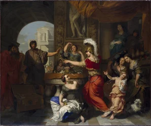 Achille decouvert par Ulysse parmi les filles de Lycomede a Skyros - Achilles upptäckt av Ulysses bland Lycomedes döttrar på Skyros, av Lairesse, Gerard, de (1640-1711). Olja på duk. Mått: 150,5x181 cm. Nationalmuseum Stockholm