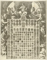 Prins William III:s könsvapen i en allegorisk ram LXIIII Gender Weapons of the Prince of Oraenjen etc. och Weapons of the 7 United Netherlands with its Cities etc. (titel på objektet)
