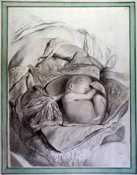 Representation av ett foster av en människa i en livmoder Gravyr av Gerard de Lairesse (1640-1711) som illustrerar "Anatomia Humani Corporis" av Govert Bidloo (eller Govard) (1649-1713) Medicinska fakultetens bibliotek från 1700-talet, Paris