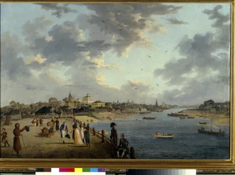 Yaouzafloden i Moskva. (Yauzafloden i Moskva). Utsikt över staden och beskrivning av stränderna till Moscovas biflod. Målning av Gerard de la Barthe (aktiv mellan 1787-1810), olja på duk, cirka 1790. Fransk konst