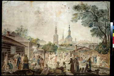 En termisk kur (bastu) i Moskva (Ett kurbad i Moskva). Målning av Gerard de la Barthe (verksam mellan 1787 och 1810). Akvarell på papper, 45,7 x 66,7 cm, ca 1790. Fransk 1700-talskonst. Museum för privata samlingar i A. Pushkin Museum of Fine A