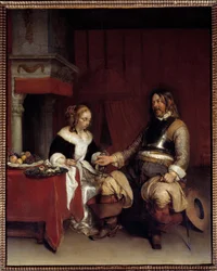 Den militäre galanten eller unga kvinnan som en man erbjuder pengar. Målning av Gerard Ter Borch (1617-1681), nederländsk