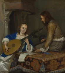 En kvinna som spelar teorbluta och en kavaljer, omkring 1658