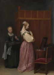 En ung kvinna vid sin toalett med en tjänsteflicka, omkring 1650-51