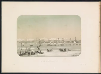 Isunderhållning på Maas i Rotterdam, sett från Katendrecht, 1855 Staden Katendrecht sett (titel på objekt) Isunderhållningen på Maas i Rotterdam i februari 1855, med bildtexter (serietitel på objekt)