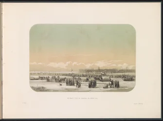 Isunderhållning på Maas i Rotterdam, i fjärran fabriken i Feijenoord, 1855 Maas framför fabriken i Feijenoord (titel på objekt) Isunderhållningen på Maas i Rotterdam i februari 1855, med bildtexter (serietitel på objekt)