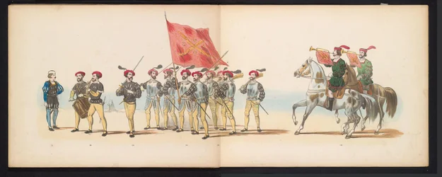 Masquerade of the Leiden Students, 1855 (skylt 12) Klädd procession som hölls av medlemmarna i Leidens studentkår den 12 juni 1855, för att fira 280-årsjubileet av Leidsche Hoogeschool, föreställande Karel V bins inträde