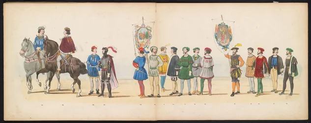 Masquerade of the Leiden Students, 1855 (skylt 13) Klädd procession som hölls av medlemmarna i Leidens studentkår den 12 juni 1855, för att fira 280-årsjubileet av Leidsche Hoogeschool, som skildrar Karl V:s inträde i