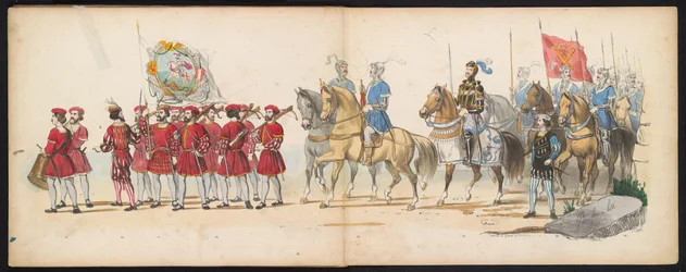 Leidenstudenternas maskerad, 1855 (skylt 14) Klädd procession som hölls av medlemmarna i Leidens studentkår den 12 juni 1855, för att fira 280-årsjubileet av Leidsche Hoogeschool, som skildrar Karl V:s inträde i