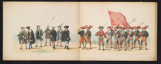 Masquerade of the Leiden Students, 1855 (skylt 3) Klädd procession som hölls av medlemmarna i Leidens studentkår den 12 juni 1855, för att fira 280-årsjubileet av Leidsche Hoogeschool, som skildrar Karl V:s inträde i