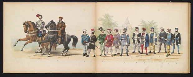 Masquerade of the Leiden Students, 1855 (skylt 4) Klädd procession som hölls av medlemmarna i Leidens studentkår den 12 juni 1855, för att fira 280-årsjubileet av Leidsche Hoogeschool, som skildrar Karl V:s inträde i