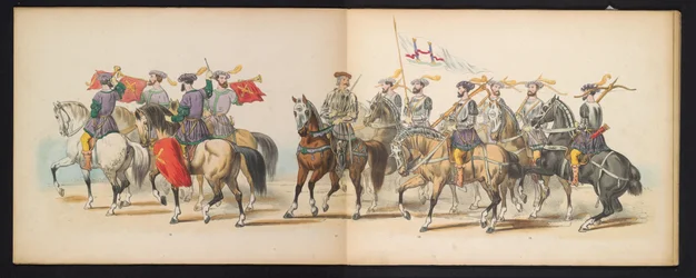 Masquerade of the Leiden Students, 1855 (skylt 6) Klädd procession som hölls av medlemmarna i Leidens studentkår den 12 juni 1855, för att fira 280-årsjubileet av Leidsche Hoogeschool, som skildrar Karl V:s inträde i