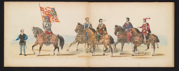 Masquerade of the Leiden Students, 1855 (skylt 7) Klädd procession som hölls av medlemmarna i Leidens studentkår den 12 juni 1855, för att fira 280-årsjubileet av Leidsche Hoogeschool, som skildrar Karl V:s inträde i