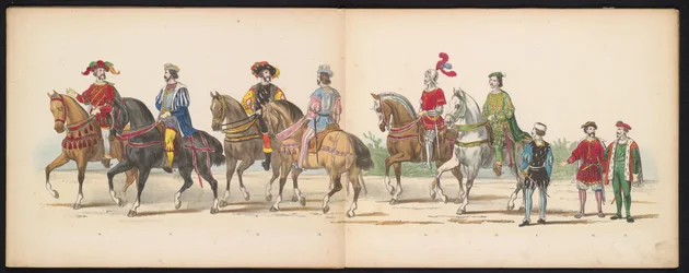 Masquerade of the Leiden Students, 1855 (skylt 9) Klädd procession som hölls av medlemmarna i Leidens studentkår den 12 juni 1855, för att fira 280-årsjubileet av Leidsche Hoogeschool, som skildrar Karl V:s inträde i
