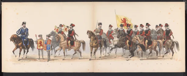 Masquerade of the Leiden Students, 1870 (skylt 1) Klädd procession som hölls av medlemmarna i Leidens studentkår den 7 juni 1870, för att fira 295-årsjubileet av Leidsche Hoogeschool, representerande ett besök i Leiden i