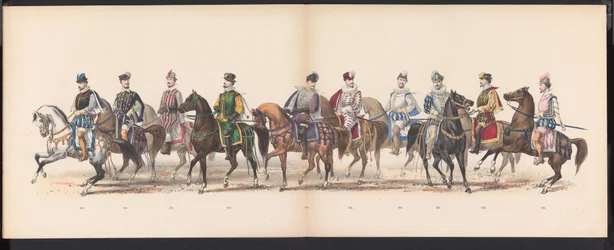 Masquerade of the Leiden Students, 1870 (skylt 10) Klädd procession som hölls av medlemmarna i Leidens studentkår den 7 juni 1870, för att fira 295-årsjubileet av Leidsche Hoogeschool, representerande ett besök i Leiden i