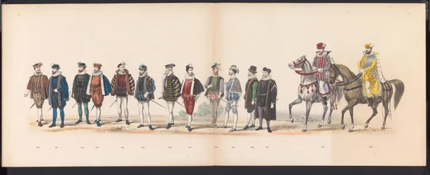 Masquerade of the Leiden Students, 1870 (skylt 12) Klädd procession som hölls av medlemmarna i Leidens studentkår den 7 juni 1870, för att fira 295-årsjubileet av Leidsche Hoogeschool, föreställande ett besök i Leiden i