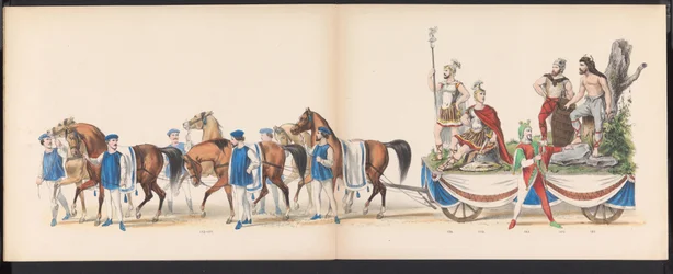 Masquerade of the Leiden Students, 1870 (skylt 15) Klädd procession som hölls av medlemmarna i Leidens studentkår den 7 juni 1870, för att fira 295-årsjubileet av Leidsche Hoogeschool, representerande ett besök i Leiden i