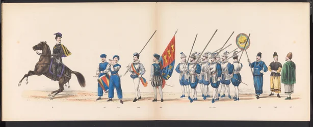 Masquerade of the Leiden Students, 1870 (skylt 16) Klädd procession som hölls av medlemmarna i Leidens studentkår den 7 juni 1870, för att fira 295-årsjubileet av Leidsche Hoogeschool, föreställande ett besök i Leiden i