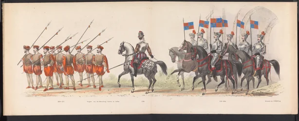 Masquerade of the Leiden Students, 1870 (skylt 18) Klädd procession som hölls av medlemmarna i Leidens studentkår den 7 juni 1870, för att fira 295-årsjubileet av Leidsche Hoogeschool, representerande ett besök i Leiden i