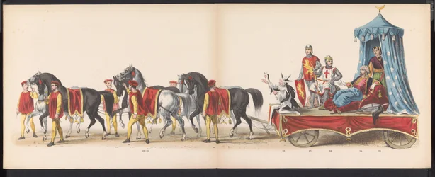 Masquerade of the Leiden Students, 1870 (skylt 3) Klädd procession som hölls av medlemmarna i Leidens studentkår den 7 juni 1870, för att fira 295-årsjubileet av Leidsche Hoogeschool, föreställande ett besök i Leiden i