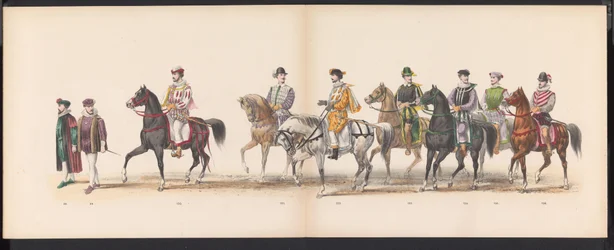 Masquerade of the Leiden Students, 1870 (skylt 8) Klädd procession som hölls av medlemmarna i Leidens studentkår den 7 juni 1870, för att fira 295-årsjubileet av Leidsche Hoogeschool, föreställande ett besök i Leiden i