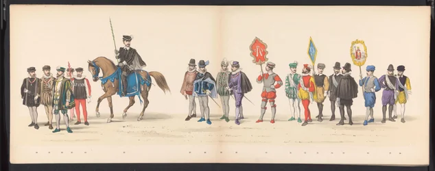 Masquerade of the Leiden Students, 1875 (skylt 2) Maskerad som hölls av medlemmarna i Leidens studentkår den 15 juni 1875 för att fira 300-årsjubileet av Leidsche Hoogeschool, föreställande Leidsche Hoogeschool, avbildad i