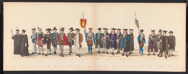 Masquerade of the Leiden Students, 1875 (skylt 8) Maskerad som hölls av medlemmarna i Leidens studentkår den 15 juni 1875 för att fira 300-årsjubileet av Leidsche Hoogeschool, som representerar Leidsche Hoogeschool, avbildad i