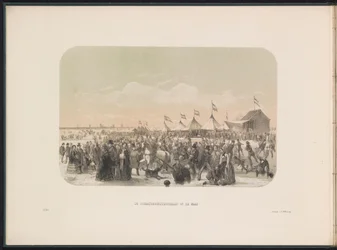 Skridskoåkning på Maas i Rotterdam, 1855 Skridskobanan på Maas (titel på objekt) Isunderhållning på Maas i Rotterdam i februari 1855, med bildtexter (serietitel på objekt)