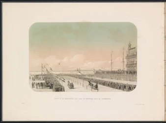 Race för häst och vagn på Maas i Rotterdam, 1855 Utsikt över selekapplöpningen med häst- och gycklarsläde, längs Willemskade (titel på objektet) Isunderhållningen på Maas i Rotterdam i februari 1855, med bildtexter (serietitel på objekt)