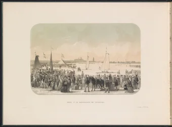 Tävling om issegelbåtar på Maas i Rotterdam, 1855 Utsikt över hårdseglingsfesten med isbåtar (titel på objekt) Isunderhållningen på Maas i Rotterdam i februari 1855, med bildtexter (serietitel på objekt)