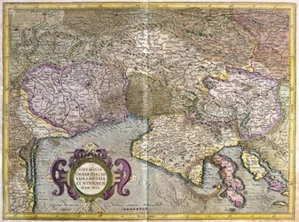 Friuli, Italien - Slovenien (Istrien) med Triestebukten och Balkan (gravyr