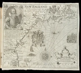 Karta över New England, från Historia Mundi: eller Mercators Atlas, London, 1635