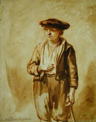 Porträtt av en ung holländare (brun tvätt och borsta över röd krita på papper)