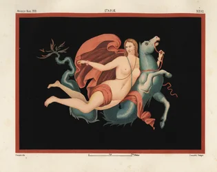 En Nereid (havsnymf) i mantel och armband som rider på ett havsmonster eller hippocampus, hälften häst och hälften fisk. Museo Naz. XXII, Stabiae. Ritad och kromolitografi av Victor Steeger från Emile Presuhn (1844-1878) De vackraste målningarna av Pompeji