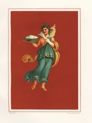 Allegorisk väggmålning av våren från västra sidan av atriumet i Regio IX.V.11. Hon håller en ostkorg och bär ett lamm över sina axlar. Kromolitografi av J.G. Bach efter en illustration av Geremia Discanno från Emile Presuhn (1844-1878)
