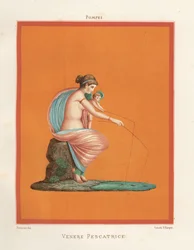 Väggmålning av Venus och cupidfiske med spön från en damm. Finns i Regio V.V.3, Gladiatorernas hus. Kromolitografi av Victor Steeger efter en illustration av Geremia Discanno från Emile Presuhn (1844-1878) De vackraste målningarna av Pompeji,