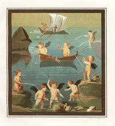 Väggmålning av amoror som leker, fiskar, seglar från en bås i restaurangens hus (Casa di Lupanare Piccolo) på 14, Regio IX, Insula V. Chromolithograph av J.G. Bach efter en illustration av Geremia Discanno från Emile Presuhn (1844-1878) T