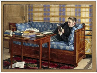 Porträtt av poeten Vasili Zoukovsky (1783-1852). (Porträtt av poeten Vasilij Zjukovskij). Liggande i en soffa läser han, framför sig, högar med böcker på ett bord. Verk av Gerhard Wilhelm von Reutern (1794-1865), penna och akvarell på papper